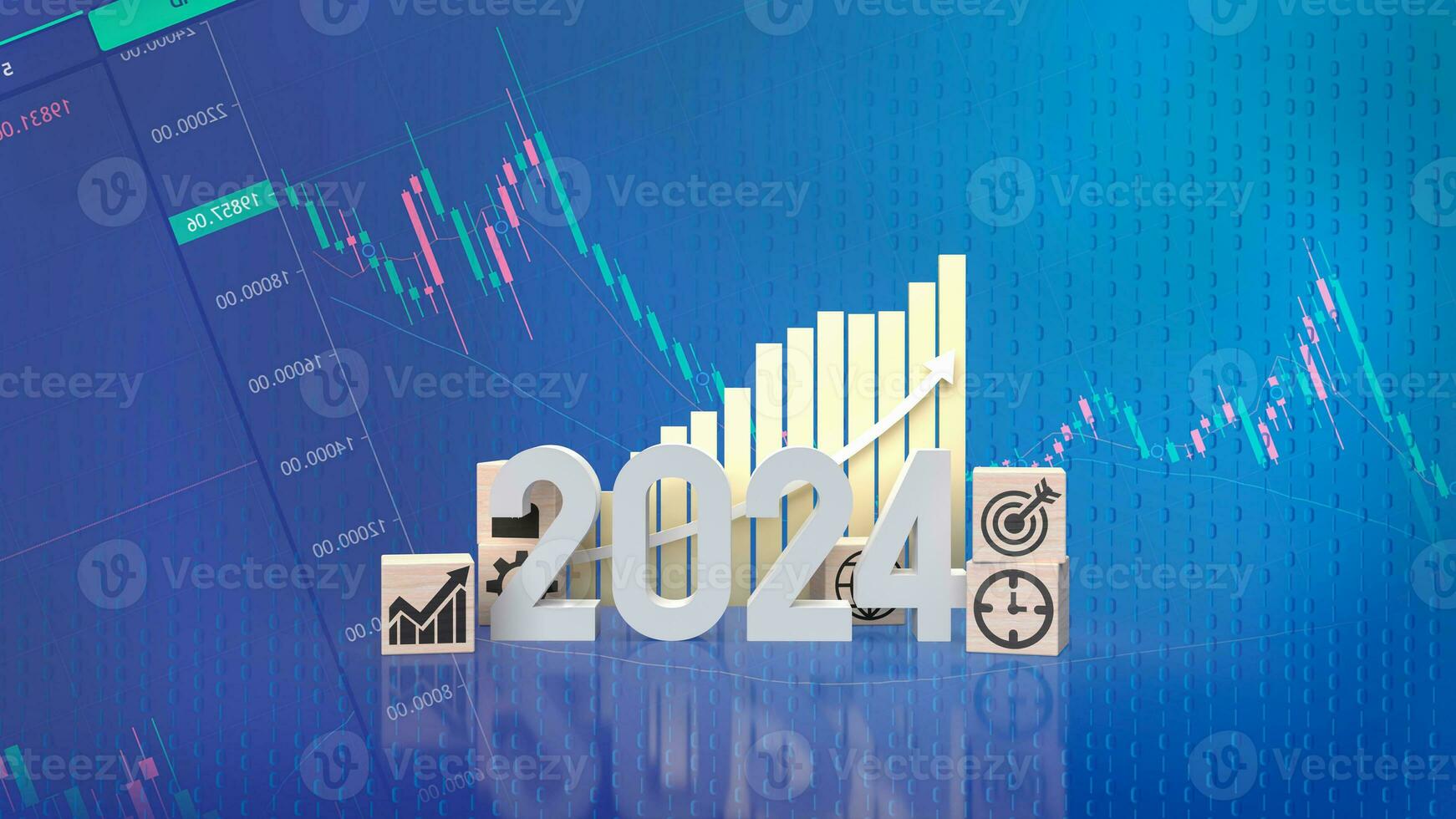 The 2024 Number and icon Business on wood cube 3d rendering photo