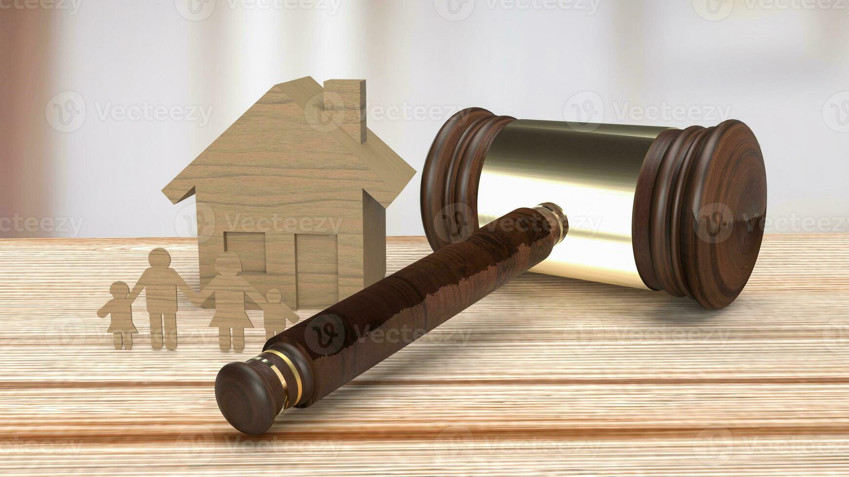The wood house and Hammer for law of property or Building 3d rendering photo
