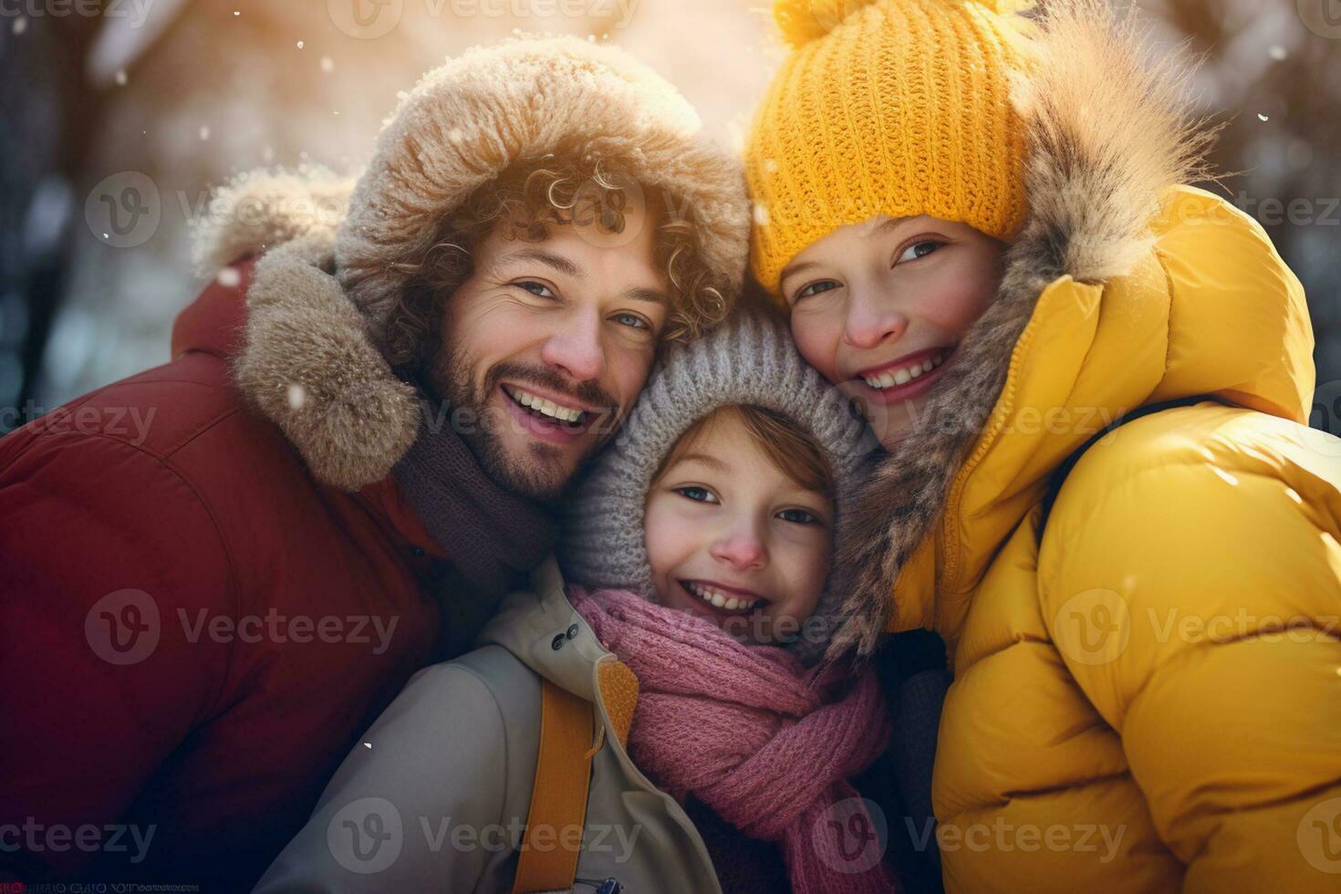 A family in winter clothes stands and chats in front of a house in winter photo