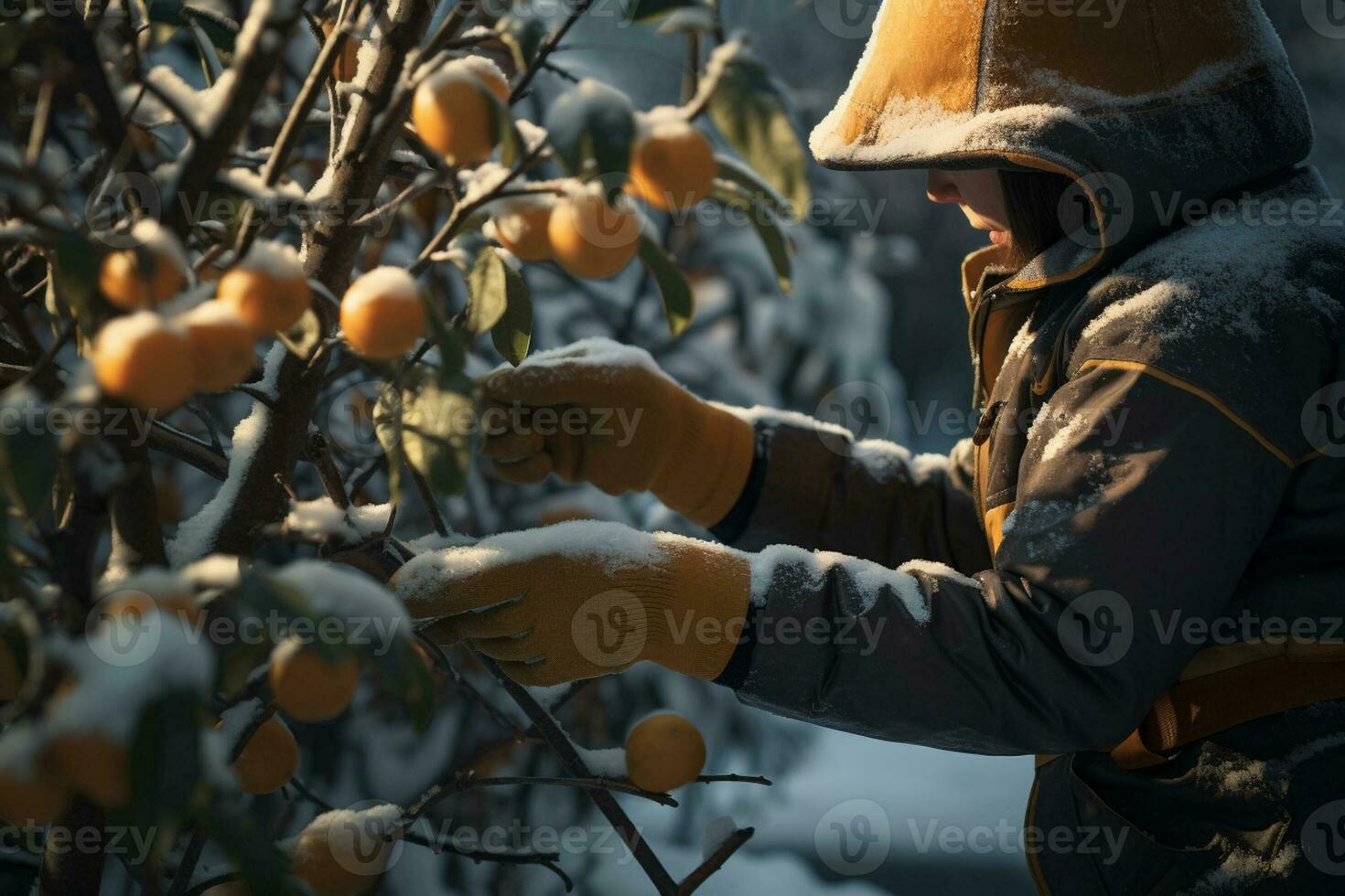female farmer picking fruit from trees in winter in the daytime photo