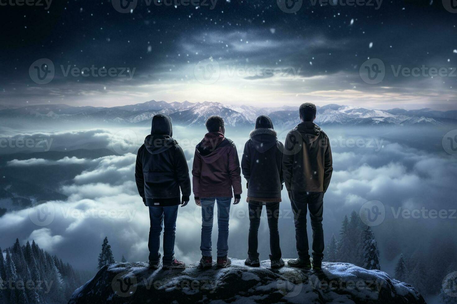Happy family traveling on snowy mountain peak in winter photo