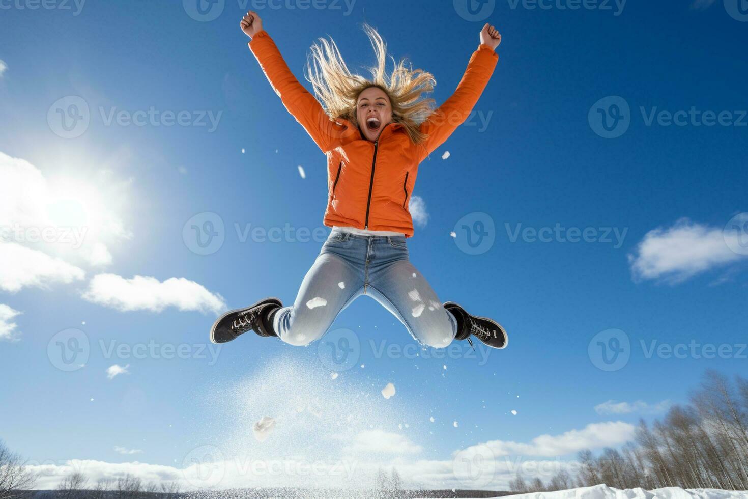 woman jumping with joy on snowy mountain in winter photo