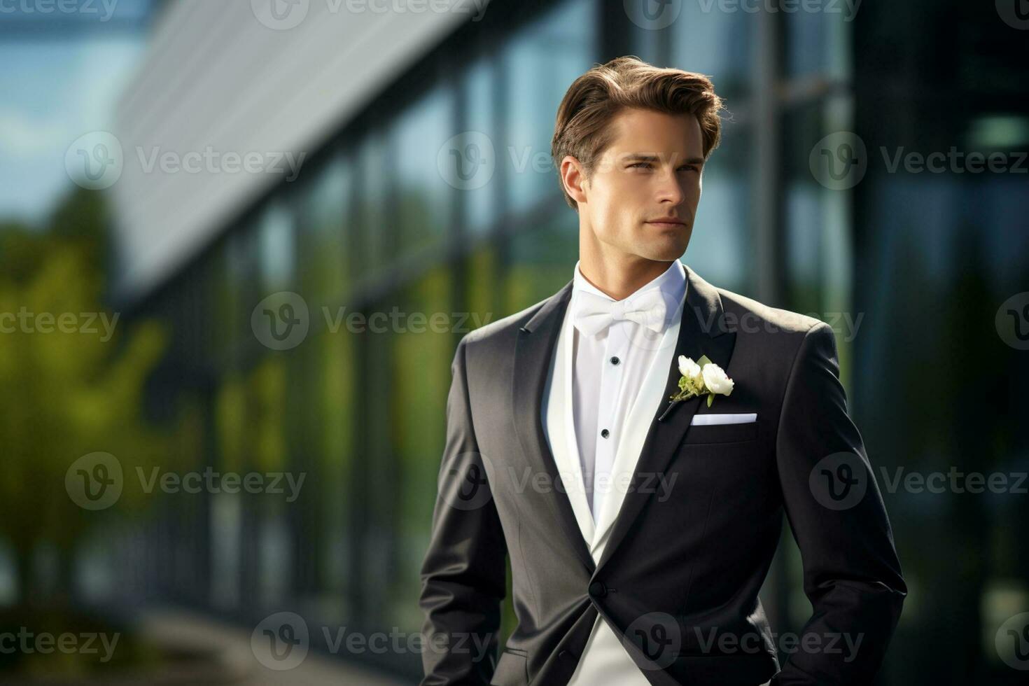 Groom in wedding dress on bokeh style background photo