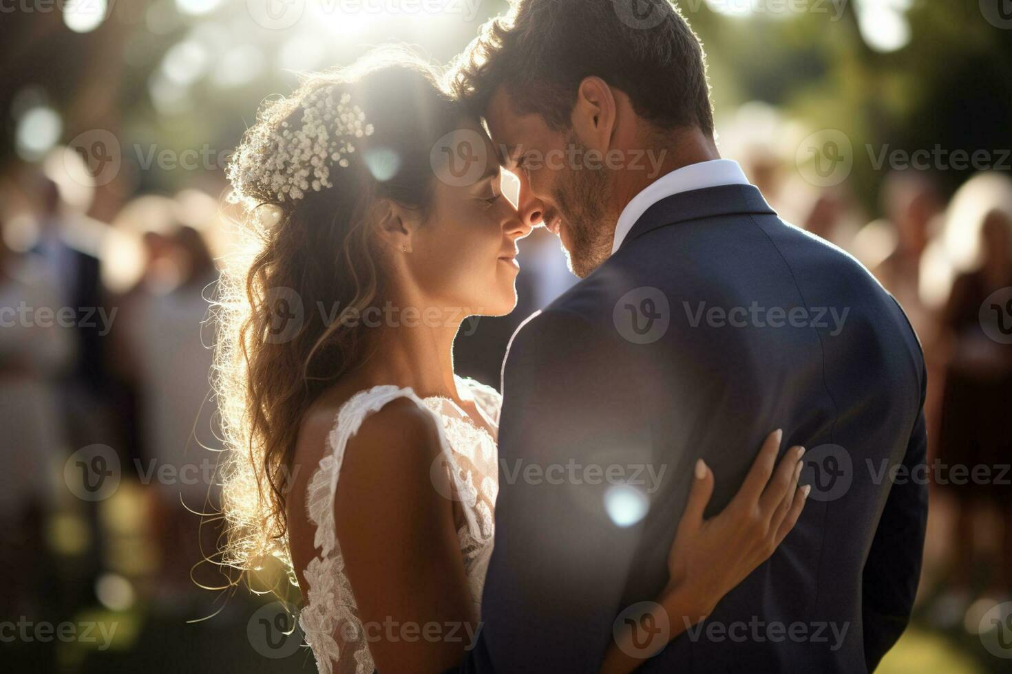 Groom and bride in wedding dresses on a crowded background photo