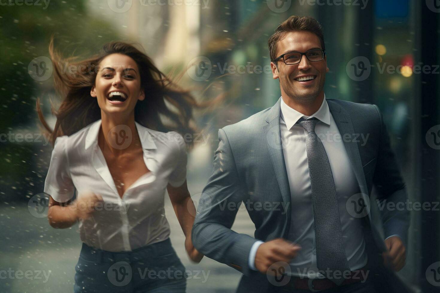 Smiling couple businessman running to work with inspiration in advertising concept photo