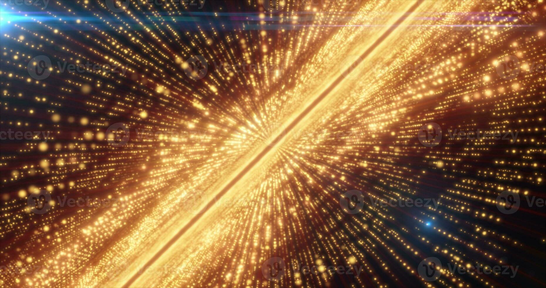 Abstract yellow energy hi-tech lines and digital particles fly in a tunnel with bokeh effect glowing background photo