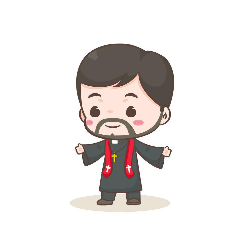 Cute priest or pastor cartoon character illustration. Christian and catholic religion concept design. Profession illustration. Adorable chibi style vector