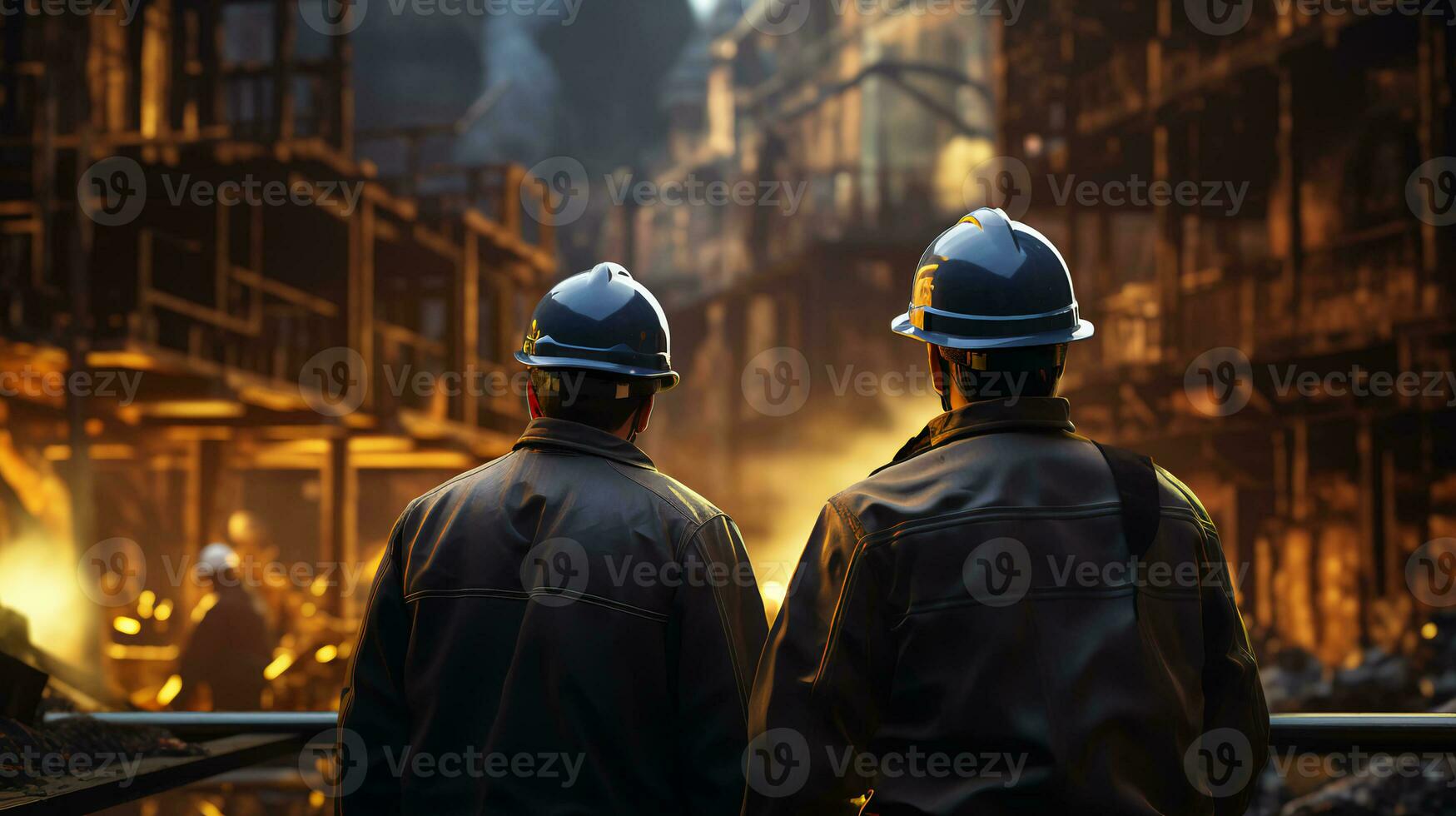 Oil refinery engineer, oil industry worker stands in front of a large chemical plant photo