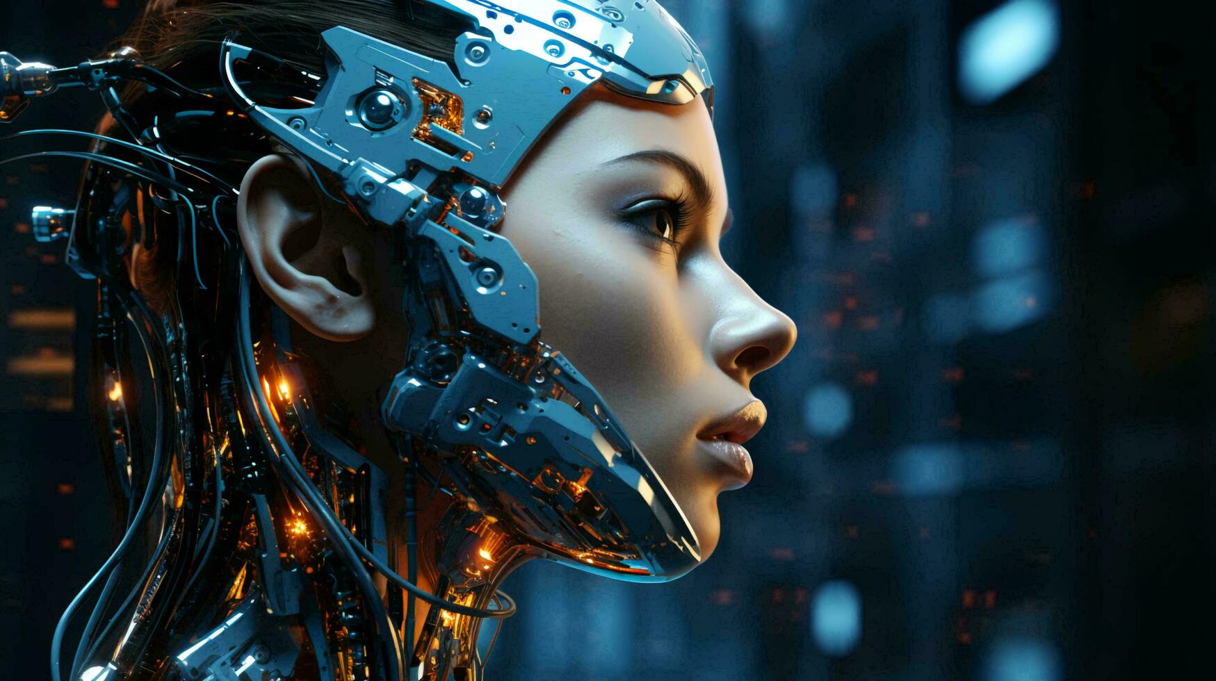 hermosa cyborg robot mujer futurista alta tecnología mezcla de humano y computadora. sinergia Entre humanidad y artificial inteligencia en el futuro foto