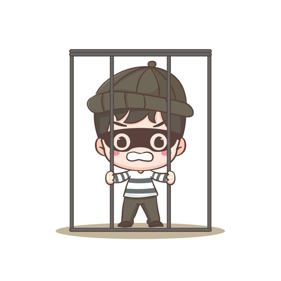 Cute thief in jail cell cartoon character. Robber concept design isolated background. Adorable chibi vector art illustration.