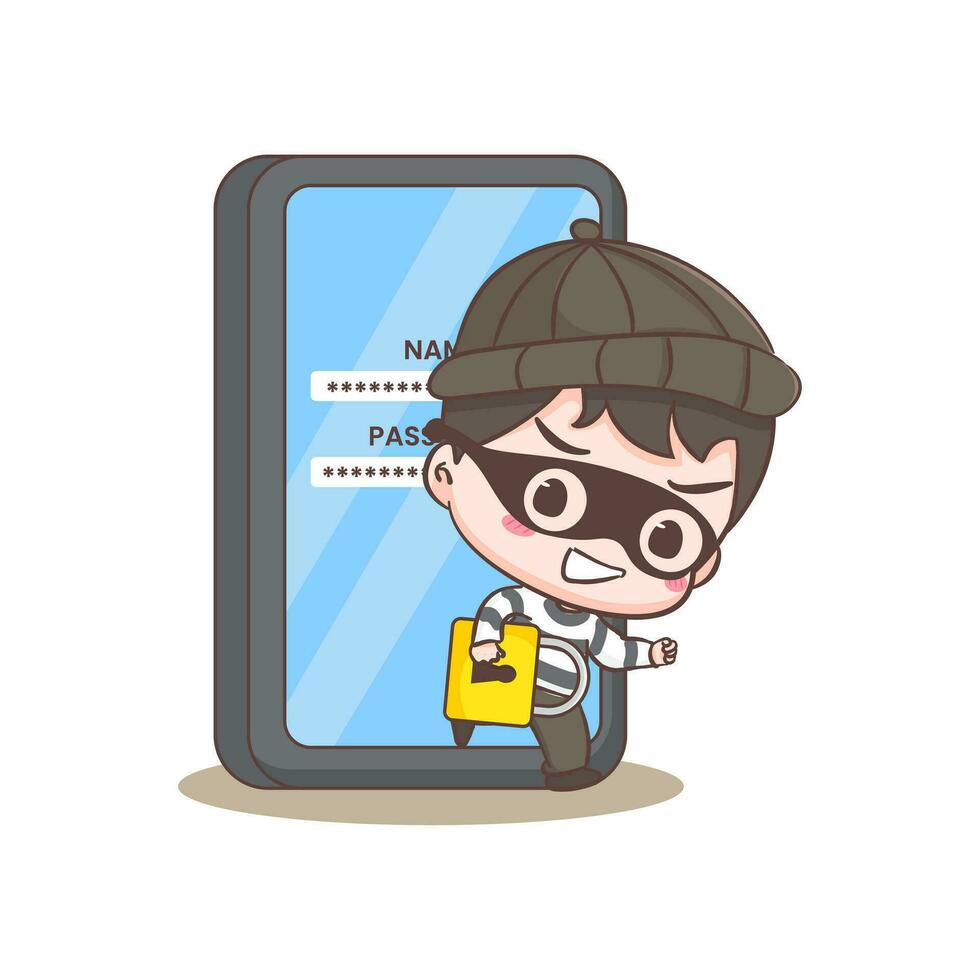 Cute cyber criminals hack and steal account information cartoon character. Robber concept design isolated background. Adorable chibi vector art illustration.