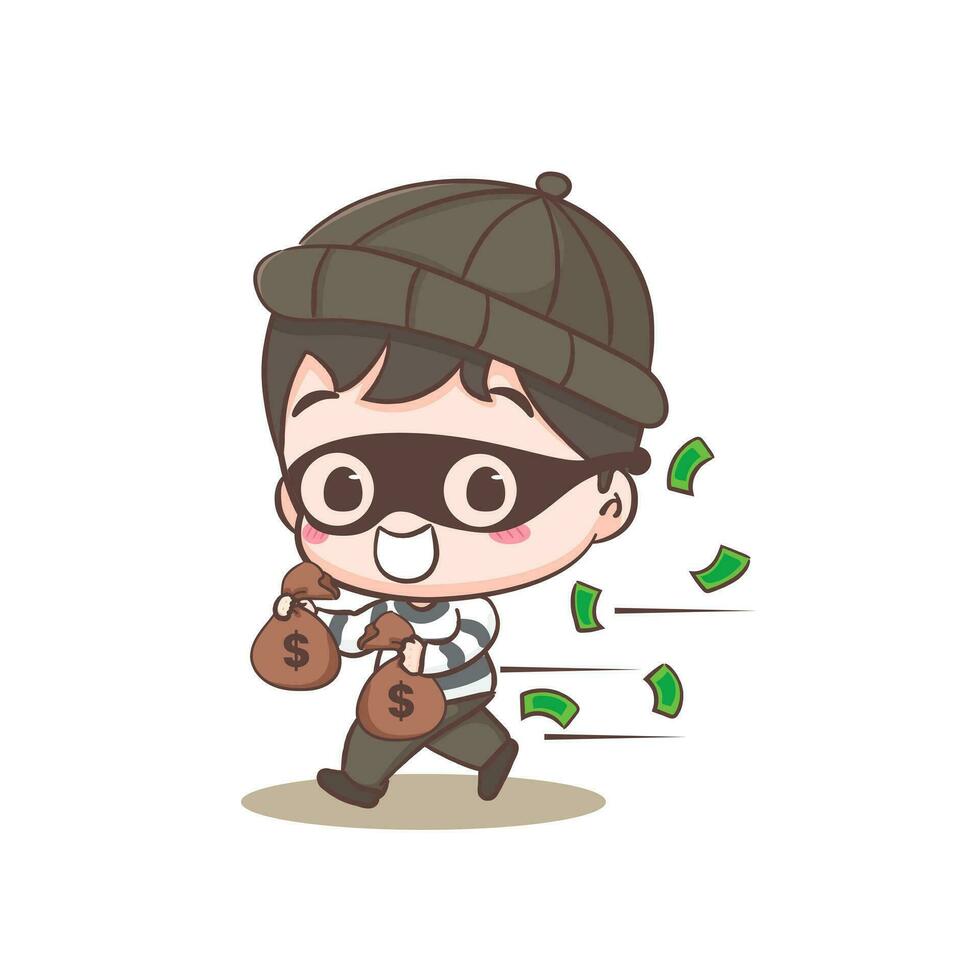 Cute thief stealing money cartoon character. Robber concept design isolated background. Adorable chibi vector art illustration.