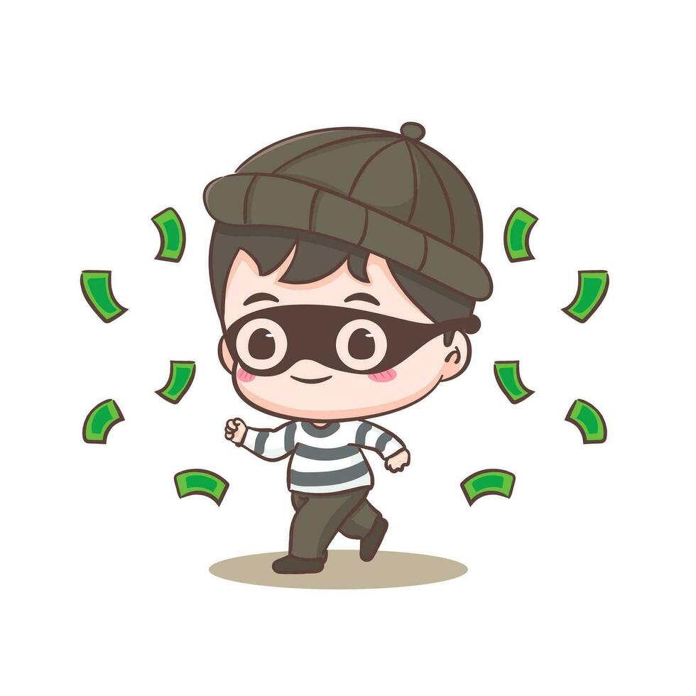 Cute thief stealing money cartoon character. Robber concept design isolated background. Adorable chibi vector art illustration.