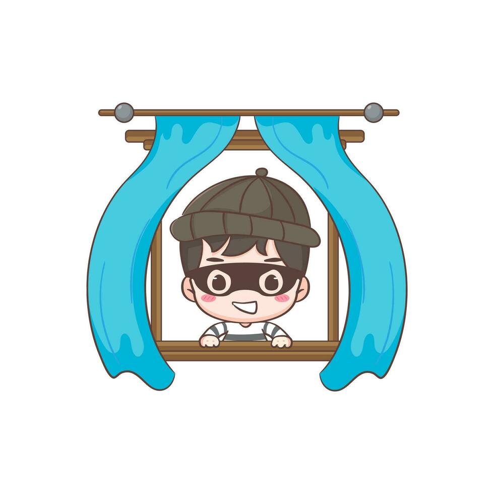 Cute thief enter the window cartoon character. Robber concept design isolated background. Adorable chibi vector art illustration.