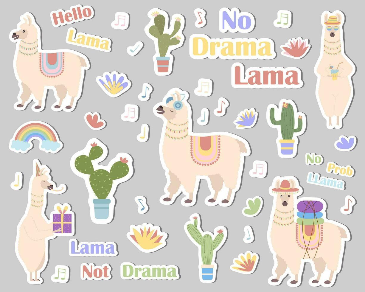 un conjunto de pegatinas linda dibujos animados llamas, cactus, arcoíris. pegatinas para corte, vector. vector