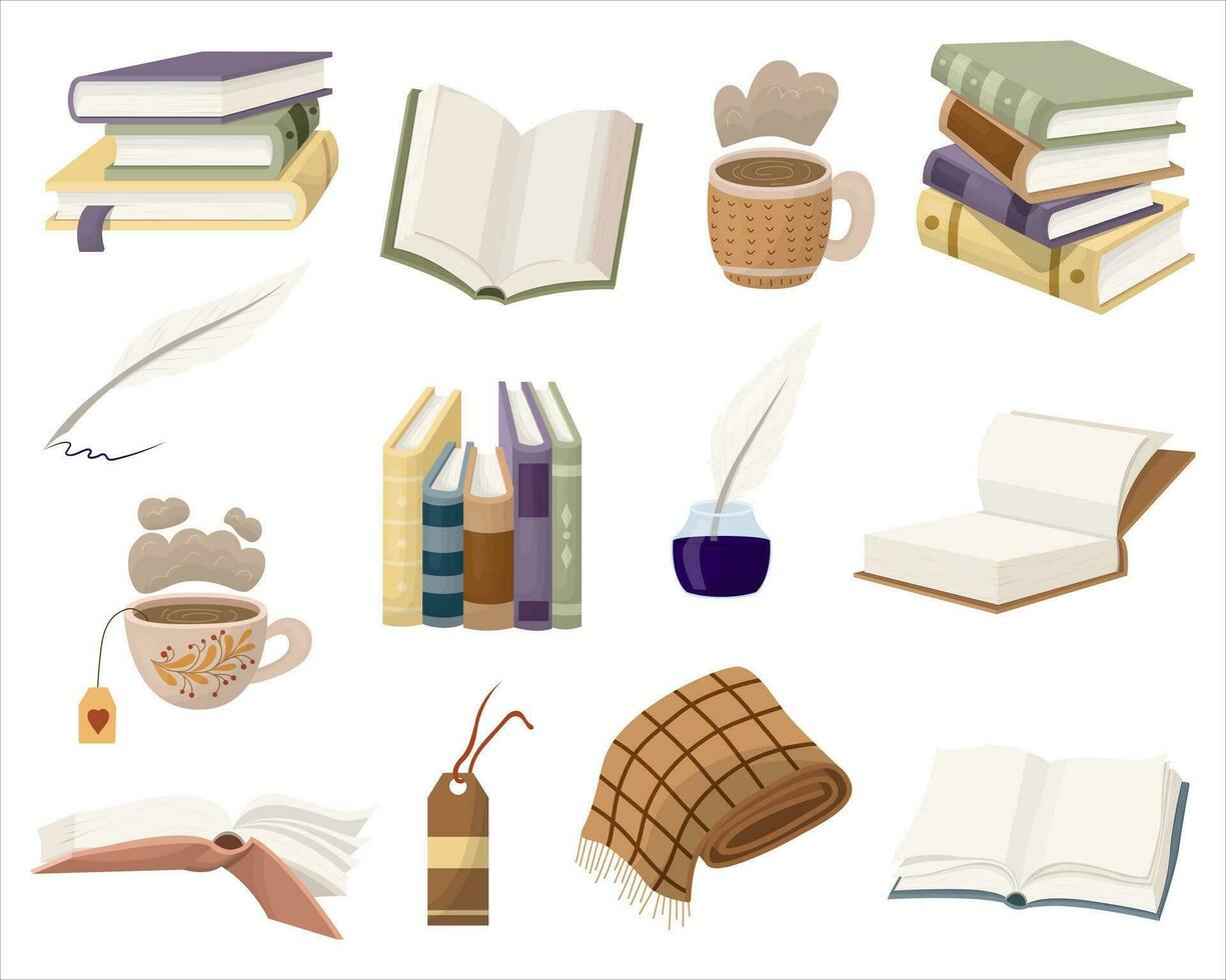 A cozy set of books, open books and books stacked in piles. Different attributes to read. Vector illustration.