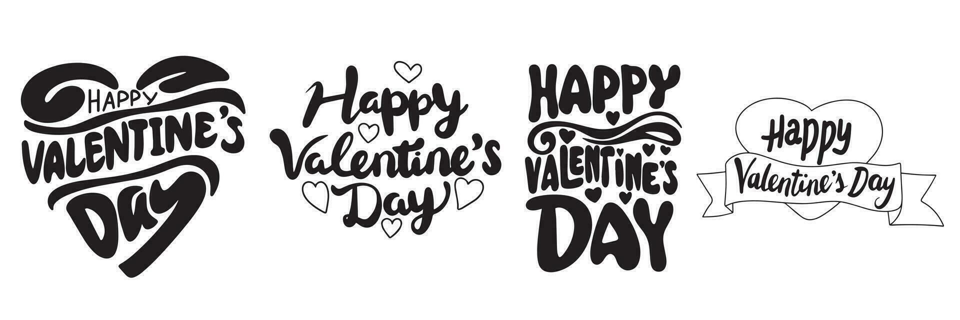 Collection of Happy Valentine's Day lettering. Hand drawn Happy Valentine's Day text set in black color. Vector illustration.
