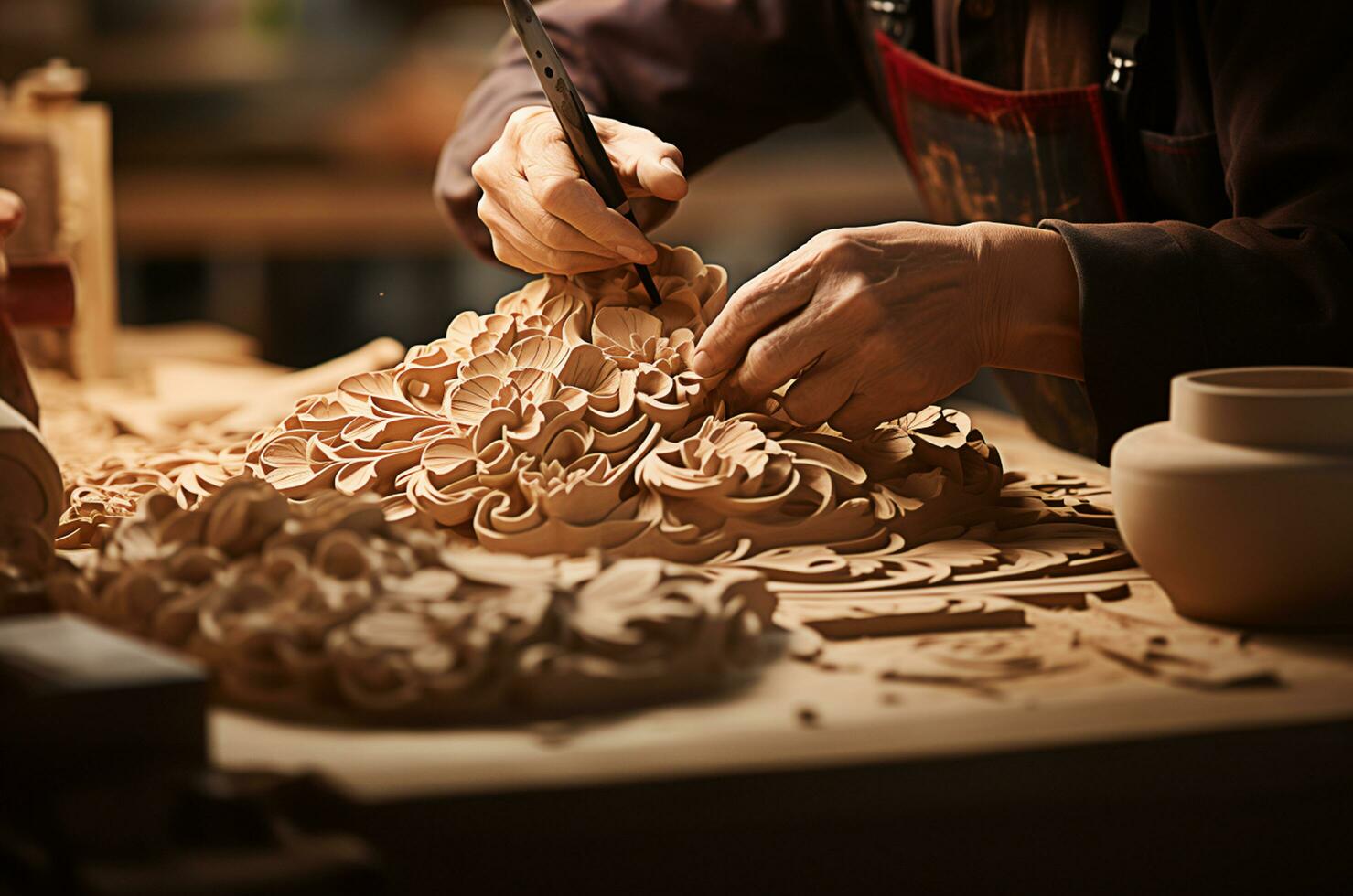 madera tallado habilidad, un foto de un artesano trabajando en un floral diseño