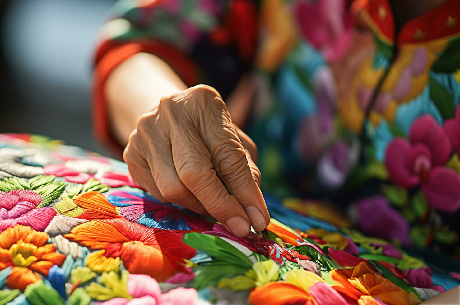 A Hand Creating a Vibrant Flower Design with Embroidery photo