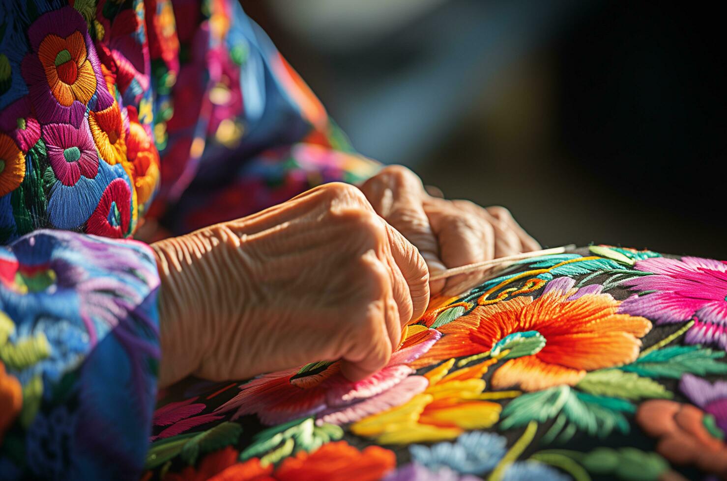 bordado arte, un de cerca de manos creando vistoso flores foto