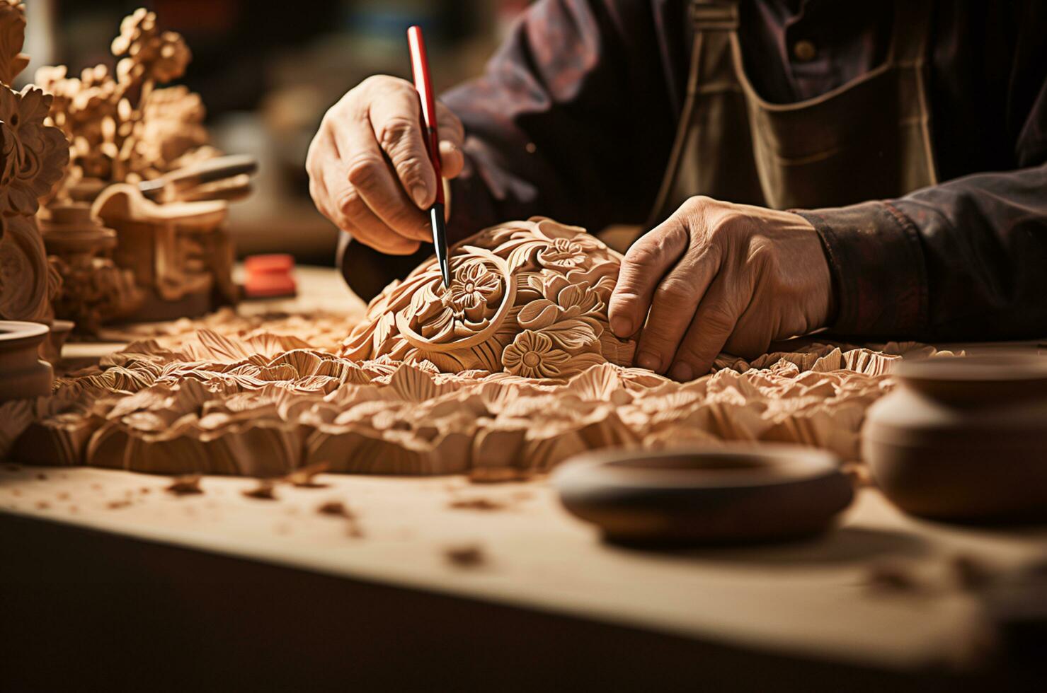 Artisan Sketching Intricate Designs for Wood Carving photo