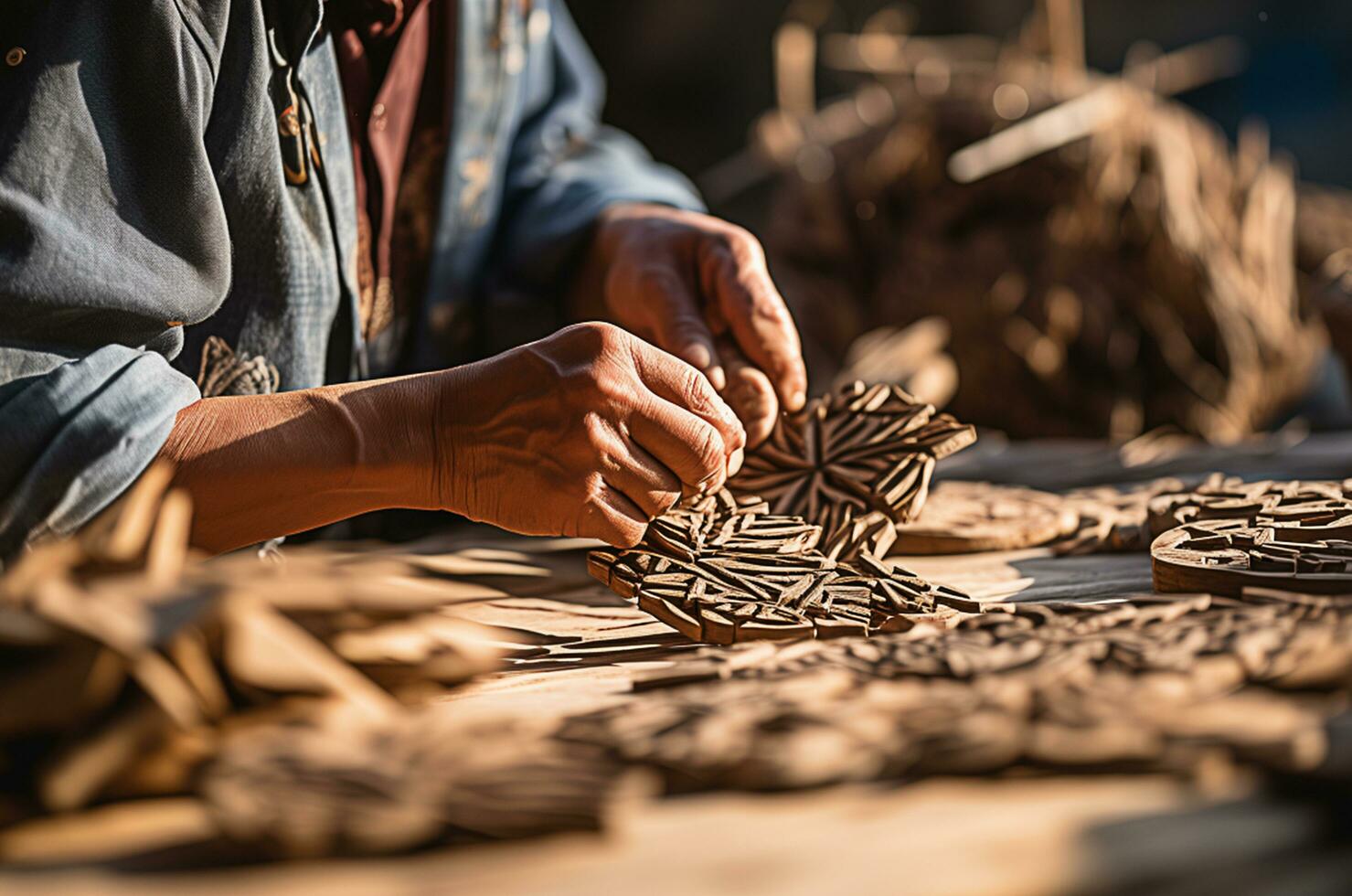 Hands Crafting Various Shapes of Wooden Snowflakes on a Rustic Table photo
