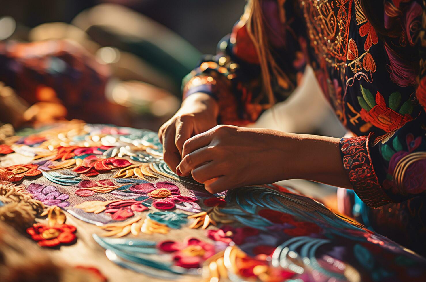 Close-Up of Hands Embroidering Colorful Floral Pattern on Deep Blue Fabric photo