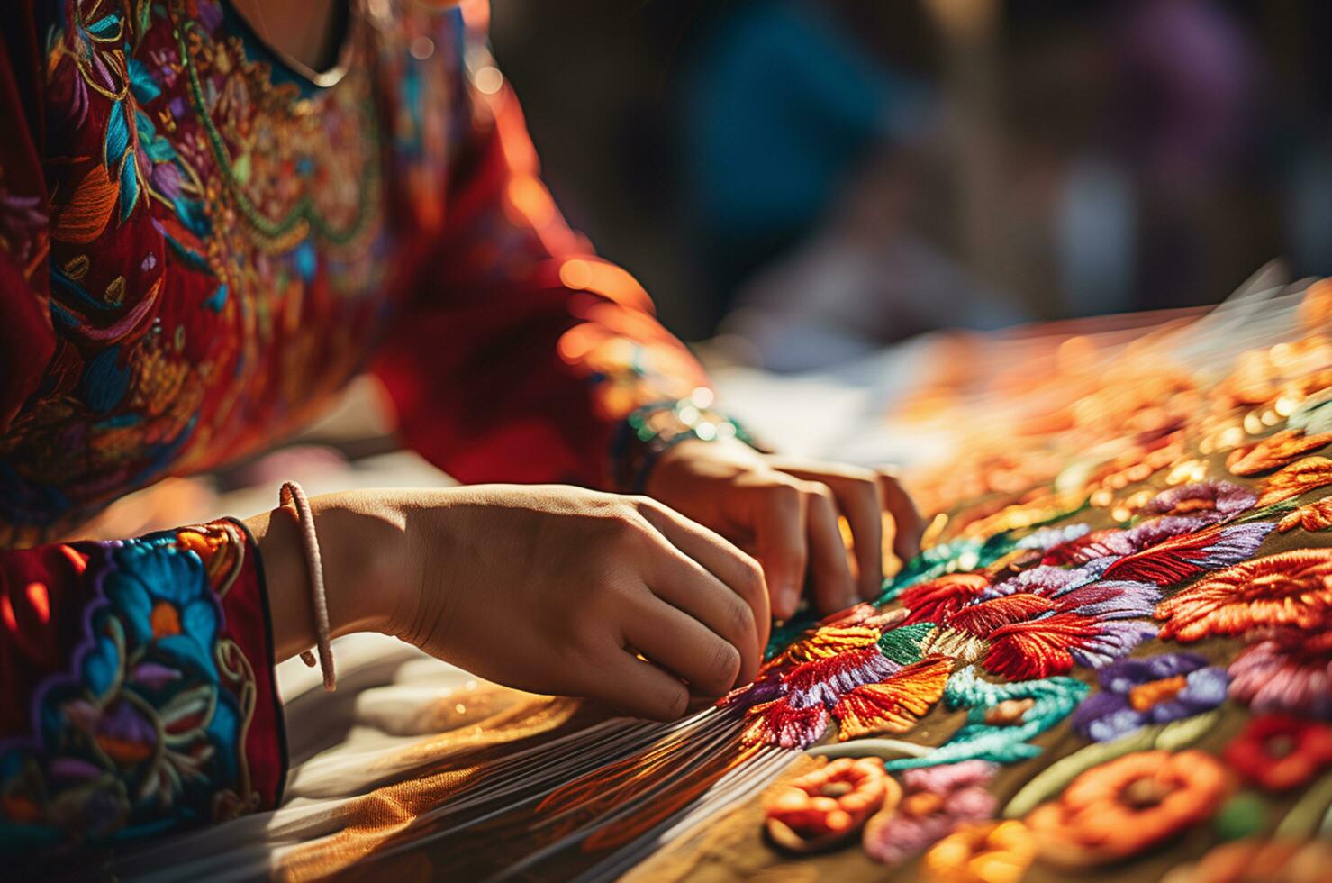 Colorful Traditional Embroidery, Floral Patterns, Craftsmanship at a Market Fair photo