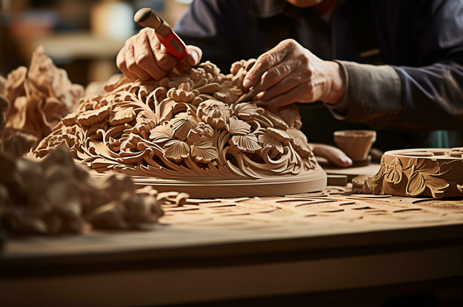 Wood Carving Master, A Photo of an Artisan Creating a Floral Design