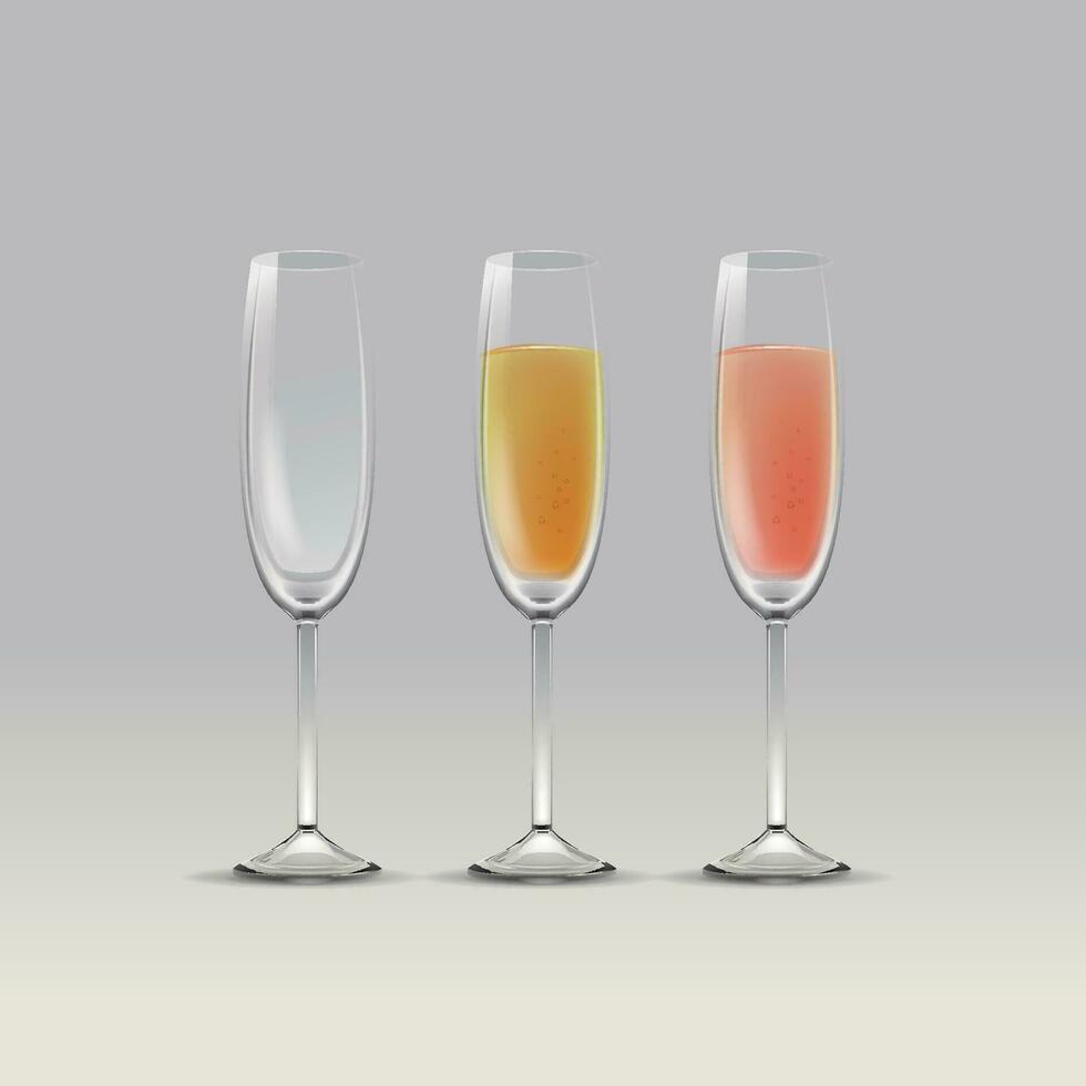 Set of vector transparent champagne glasses with sparkling drinks