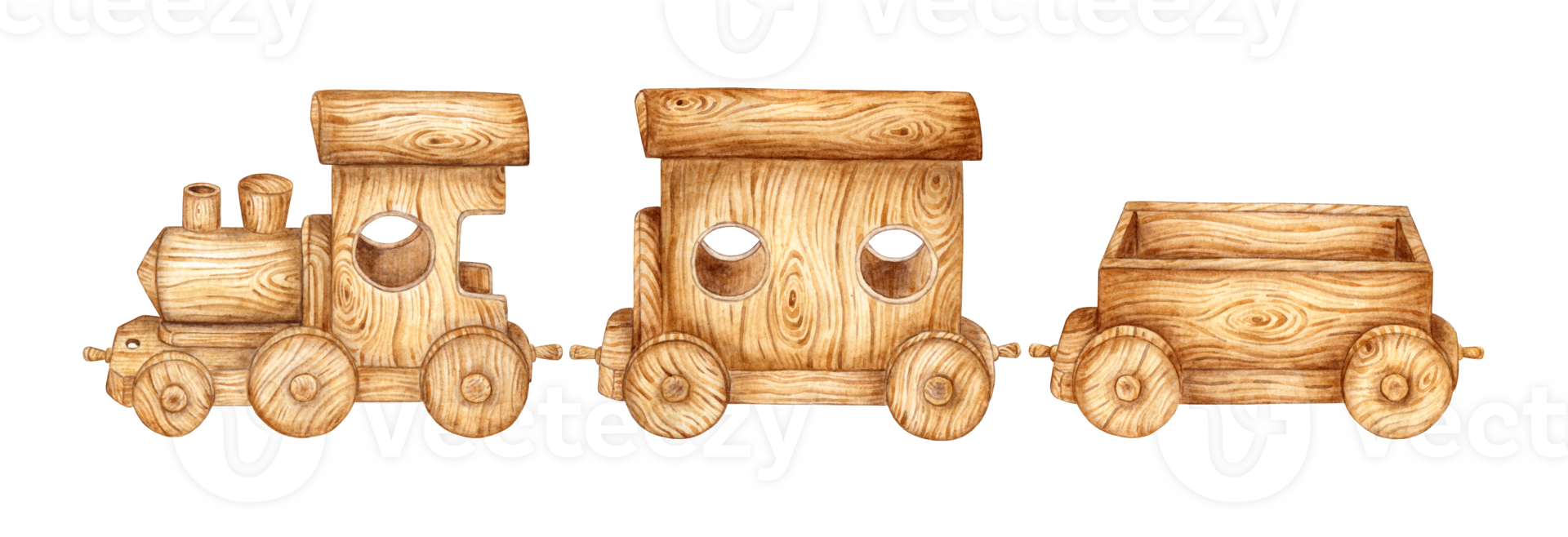 Children's toy wooden train and two trailers. Watercolor illustration of transport for small children on an isolated background. Drawing of a toy train for children's design. png
