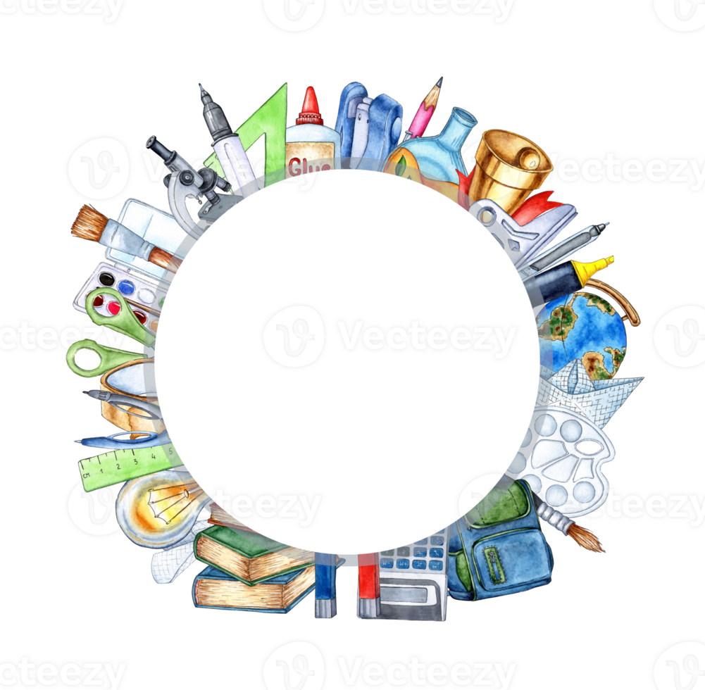 Watercolor round frame with the image of students, school supplies, equipment, stationery. Back to school. Education concept isolated png