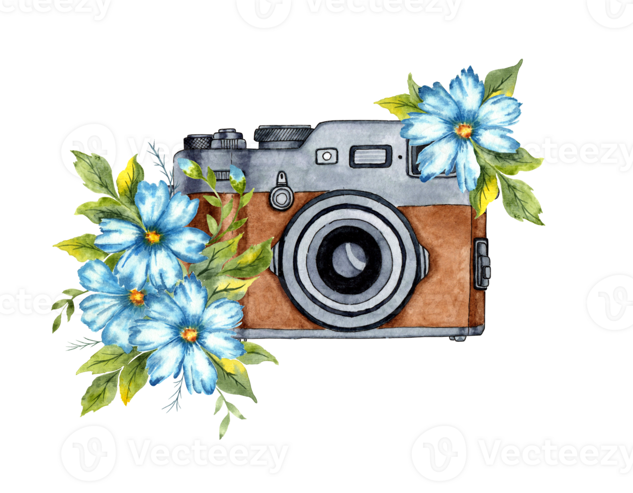 Watercolor illustration of a brown retro camera and blue flowers. Composition for posters, postcards, banners, flyers, covers, posters and other printing products. Isolated png