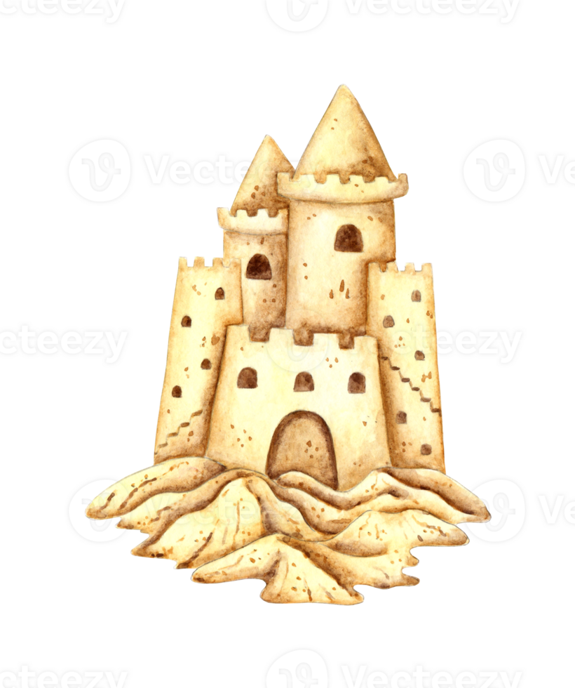 Watercolor illustration of a sand castle. A sign of fun, joy, childhood, relaxation. Tropical marine clipart. Sandy surface for creating compositions for decorating souvenirs, postcards, posters, png