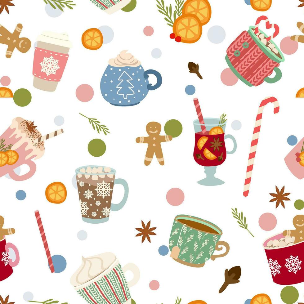 Ceramic tea and coffee mugs Seamless pattern. Vector background of scandinavian kitchen crockery with ceramic and porcelain teacups. Color pottery cups with snowflakes, marshmallow, cookies