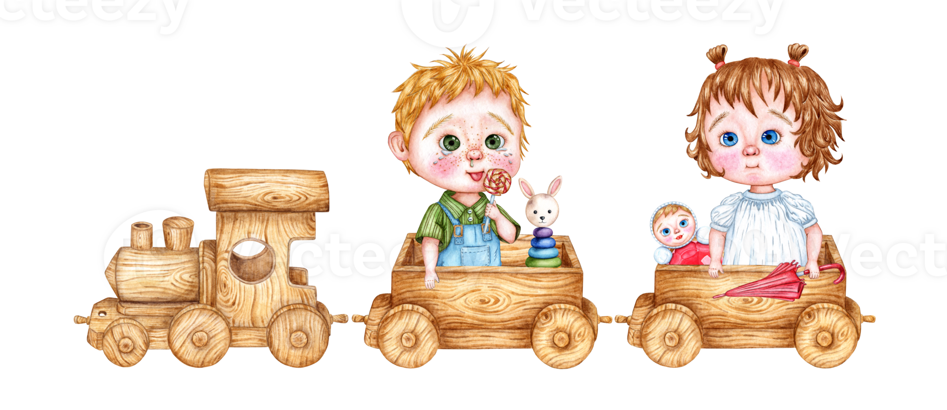 Children's toy wooden train and two wagons. Watercolor illustration of children riding in a steam locomotive on an isolated background. Drawing of a toy train for children's design. png