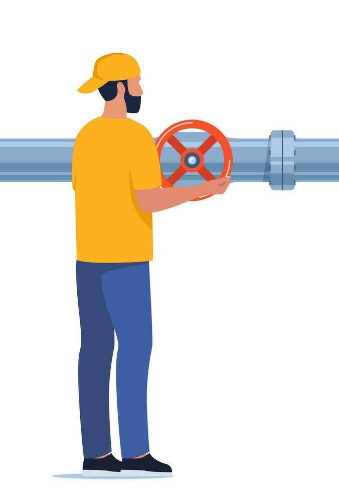 Engineer or repairman in workwear inspect petroleum or water pipelines. Valve and pressure gauge on the pipe. Oil, gas or water industry. Vector illustration.