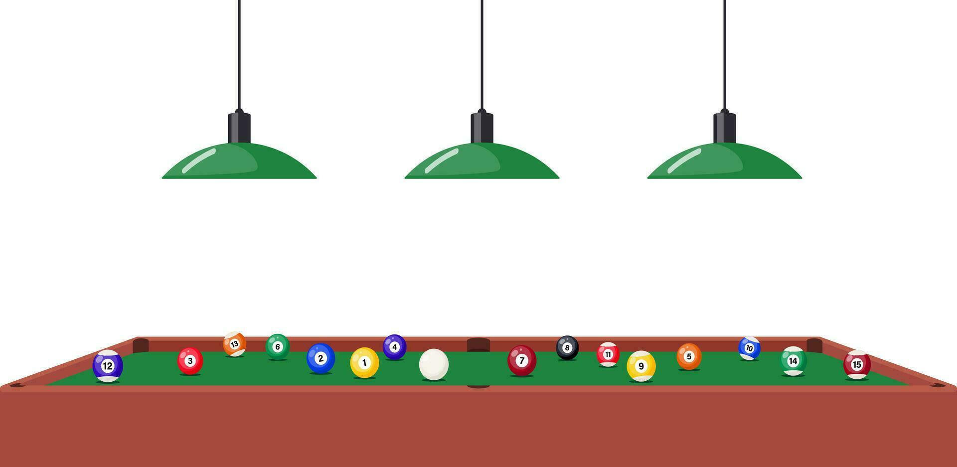 Pool Billiard table and hanging lamps under it, side view. Multi colored pool balls on billiard table. Vector illustration.