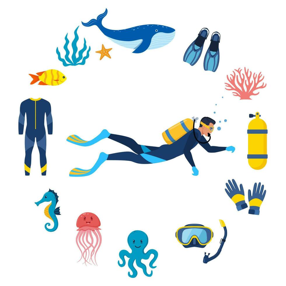 Diving and underwater world, set of elements. Diver with aqualung oxygen cylinders and flippers, mask, tube, marine life elements. Starfish, octopus, jellyfish, corals, algae. Vector illustration.