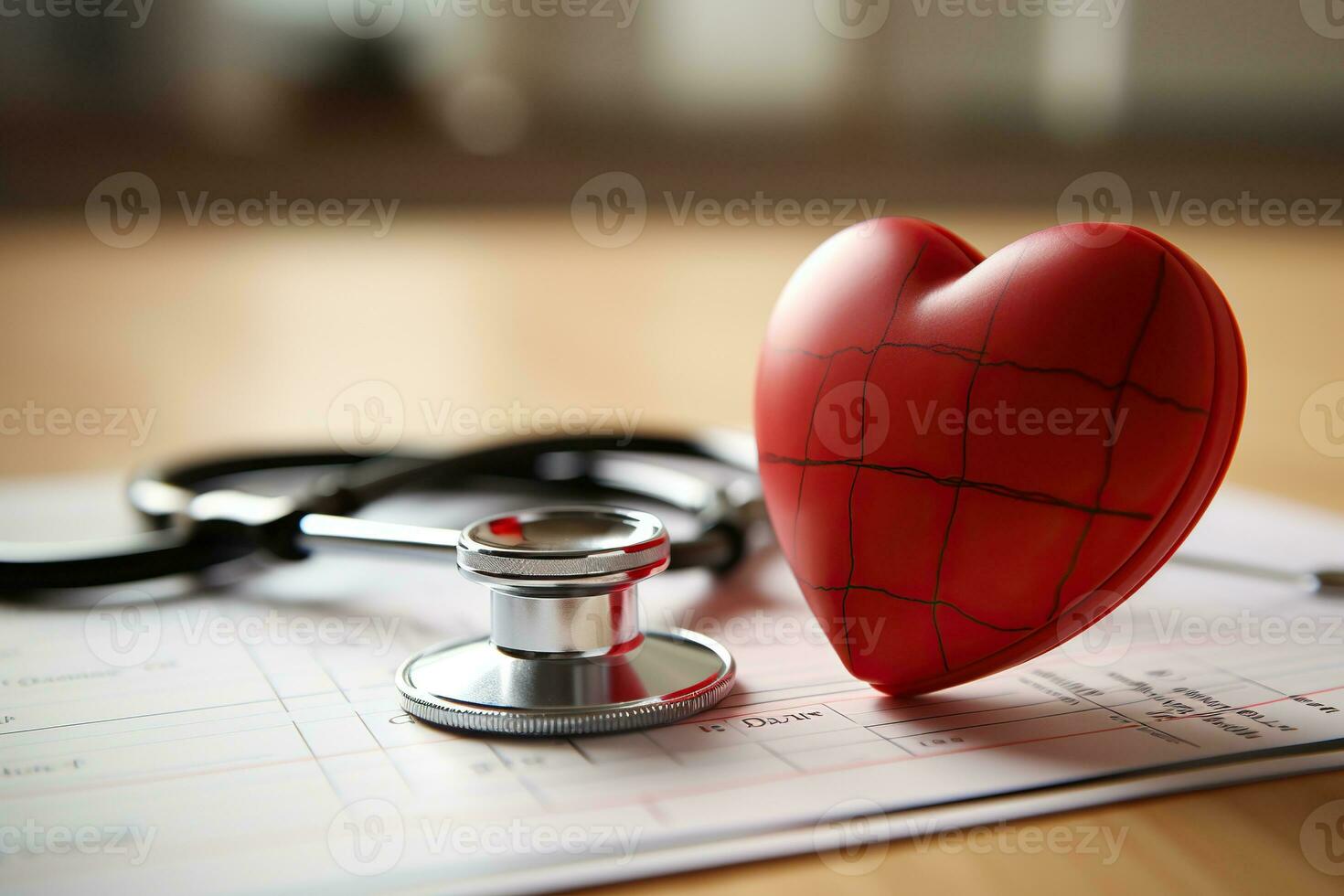 Red heart with a stethoscope on the table. Healthcare and medicine concept. Generated by artificial intelligence photo