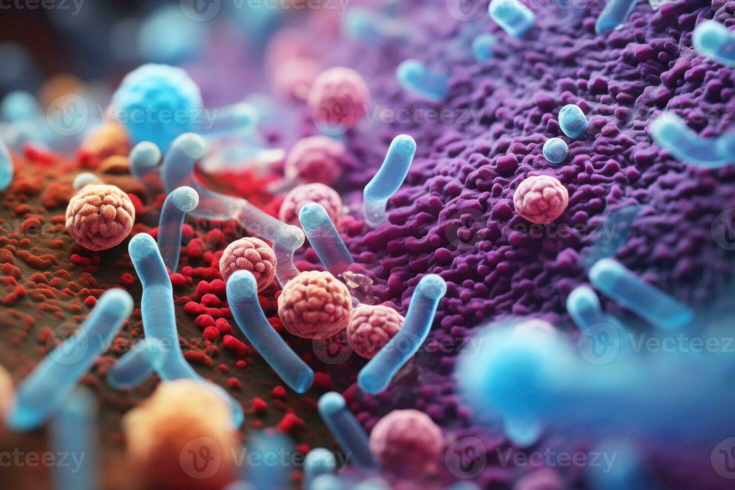 Pink and blue viruses and bacteria of various shapes close-up under a microscope. Science and medicine concept. Generated by artificial intelligence photo