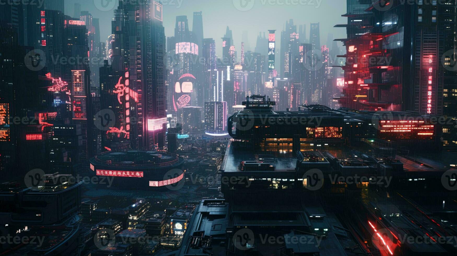 Drone View of A Detailed Cyberpunk City photo