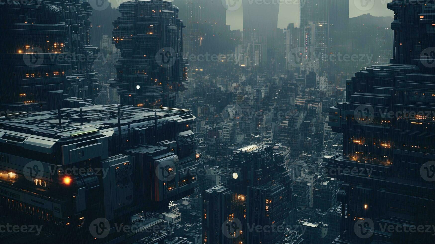 Drone View of A Detailed Cyberpunk City photo