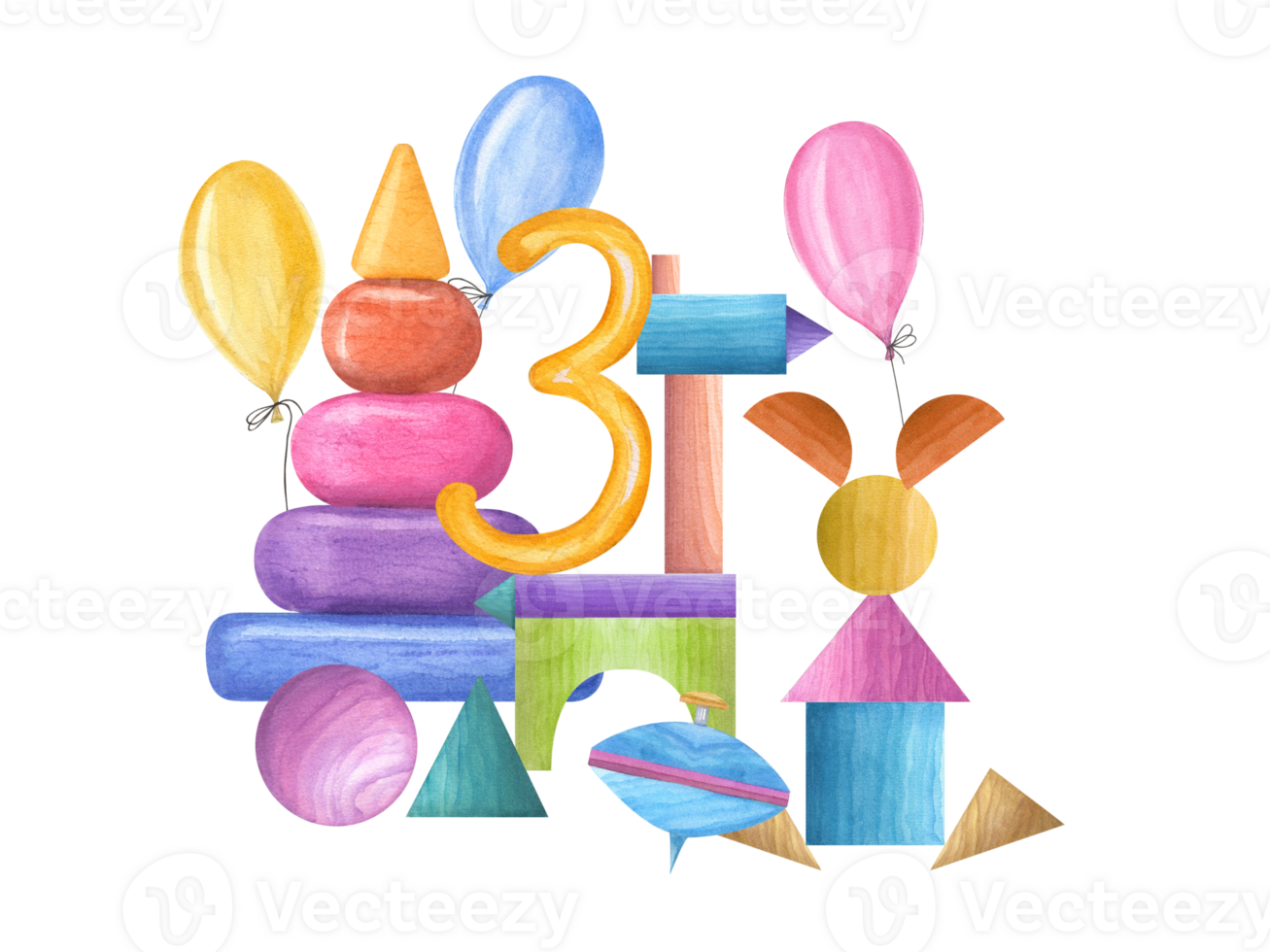 Colored pyramid, spinning top, ball, cubes, horse and hare made of cubes, number 3, balloons. Wooden Toys. Watercolor illustration. Composition for children greeting card, party, postcard png