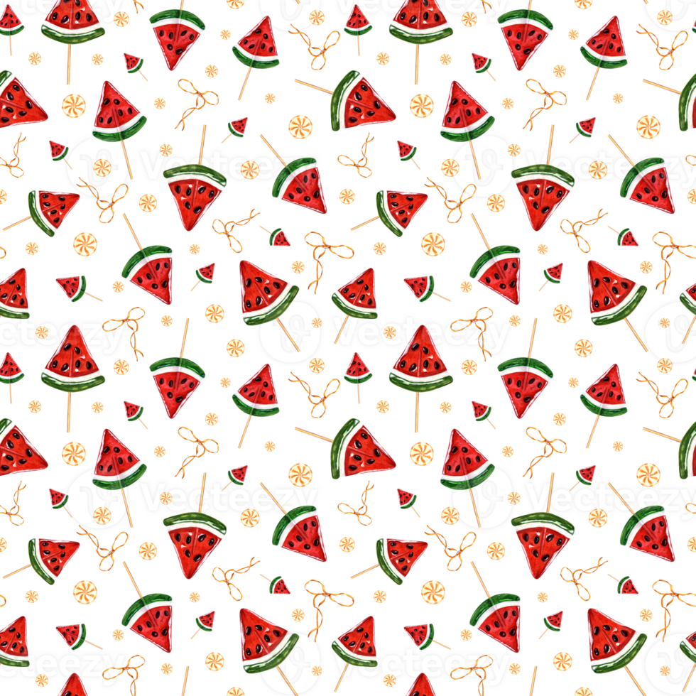sömlös mönster av kola vattenmelon skivor, choklad frön. runda färgrik godis, gyllene band. frukt godis på pinne, klubba, socker karameller. vattenfärg illustration. png