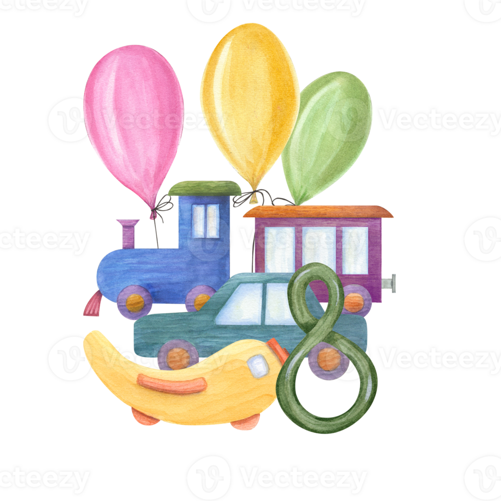 Steam locomotive with carriage, car, airplane, multicolored balloons, number 8. Kid wooden Toys. Watercolor illustration. Composition for children greeting card, party, invitation png