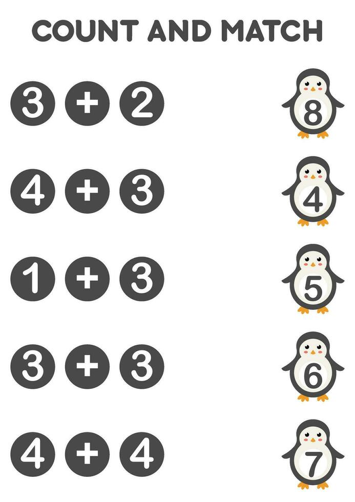 Math addition game for kids. Count and match with cute penguin. Printable worksheets. vector