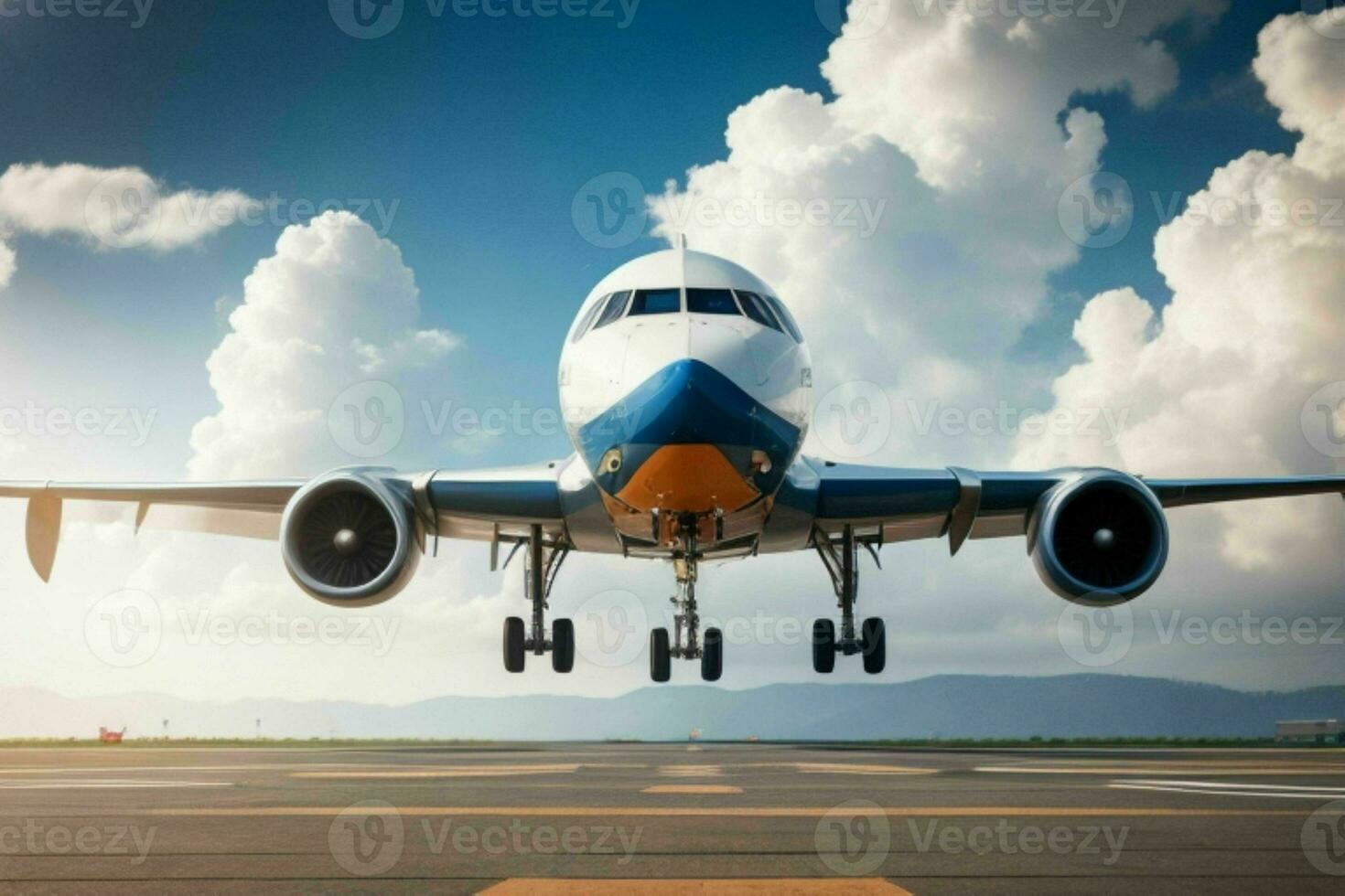 airplane on the runway background. AI Generative Pro Photo