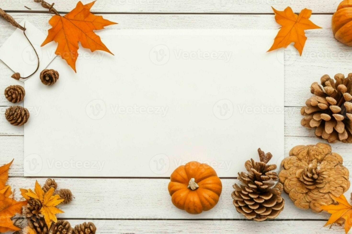 pumpkin, pine cones and dry leaves decoration. paperwhite blank card mockup background. AI Generative Pro Photo