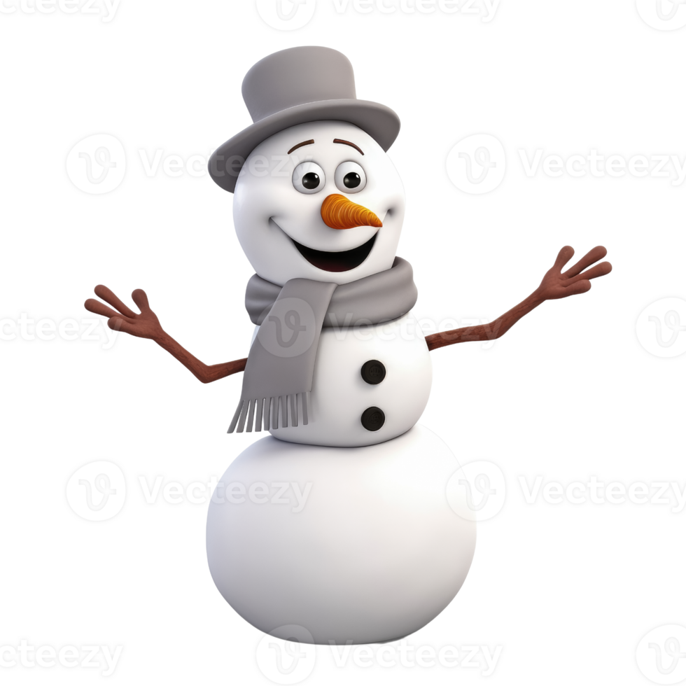 Cute snowman in 3D cartoon style isolated  on transparent background , AI Generative png